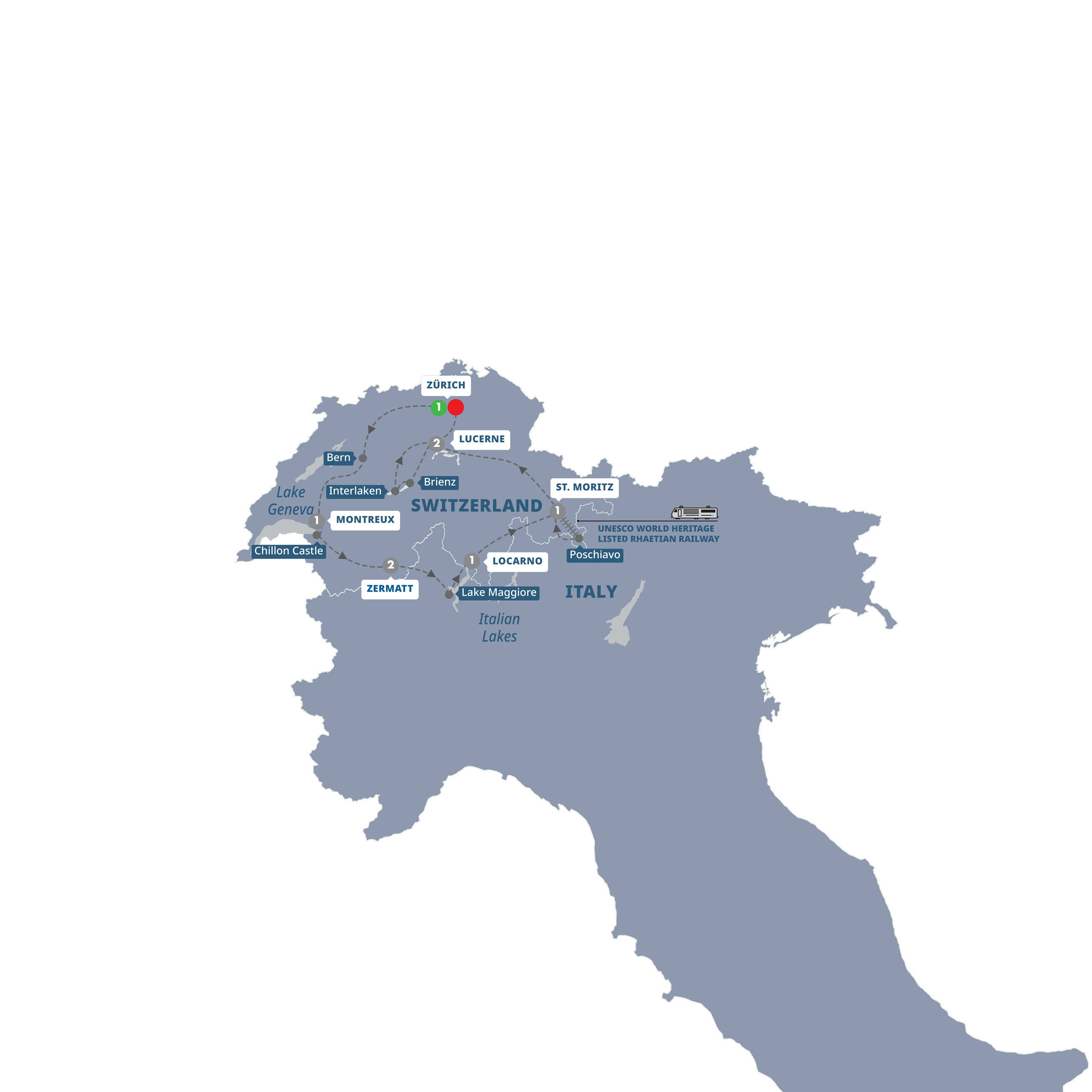 A map highlighting different stops on the Trafalgar Best of Switzerland tour