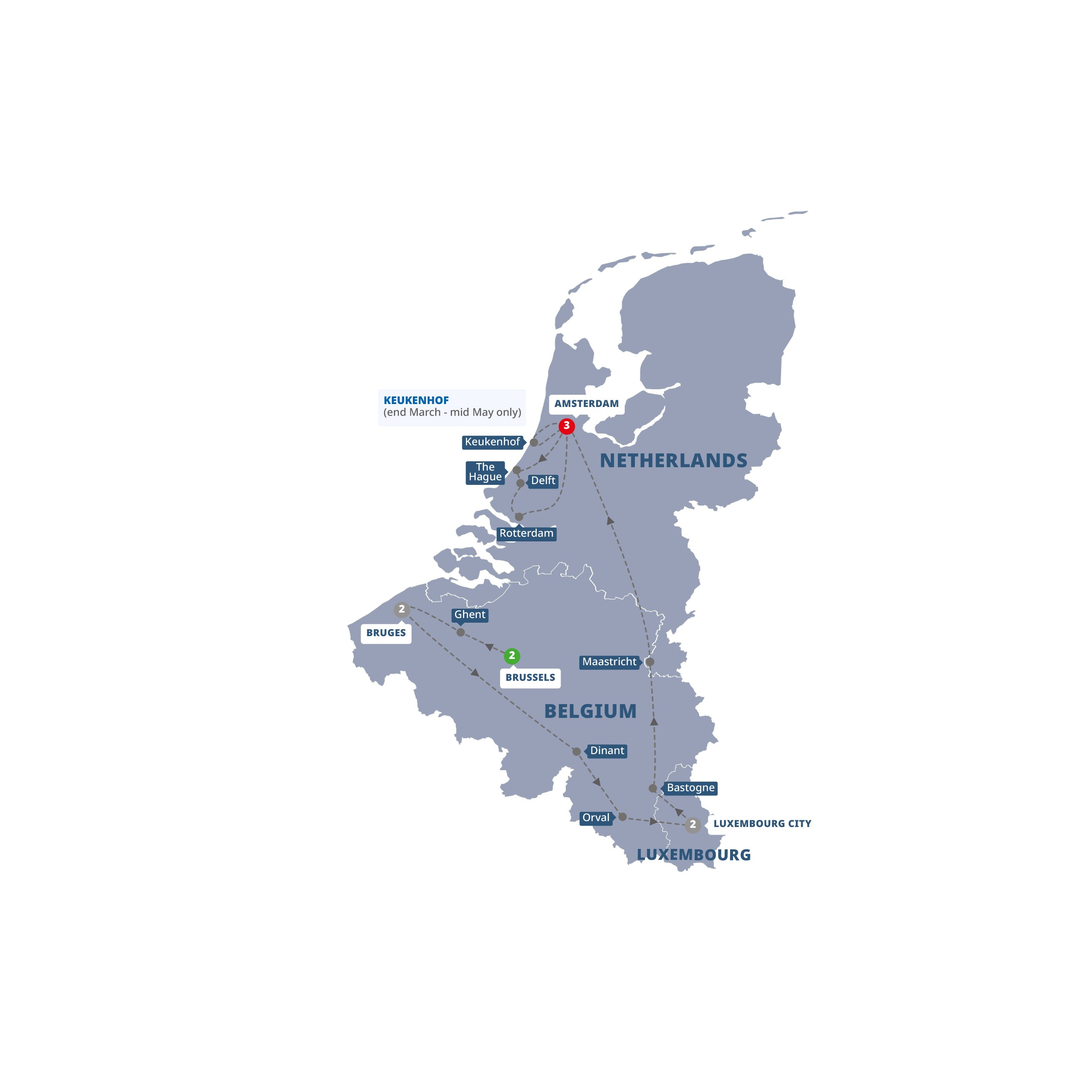 A map highlighting different stops on the Trafalgar's Best of Holland, Belgium and Luxembourg tour