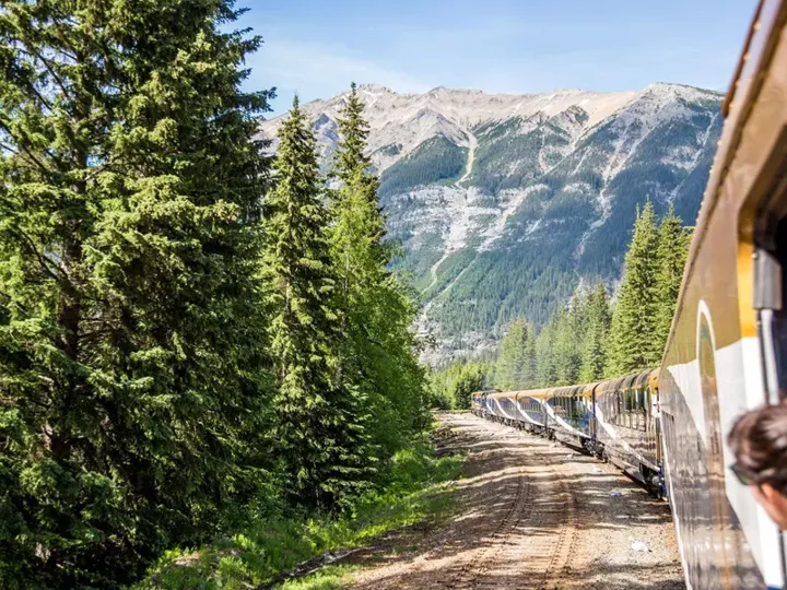 Vancouver British Columbia Canada Rocky Mountaineer Train Traveling Through The Mountains