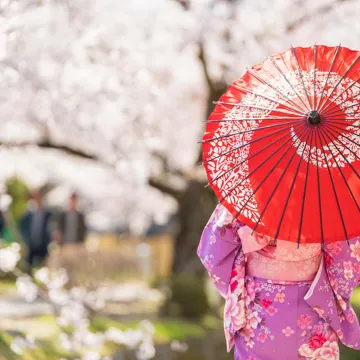 A woman wearing a kimono and holding an umbrella in Japan