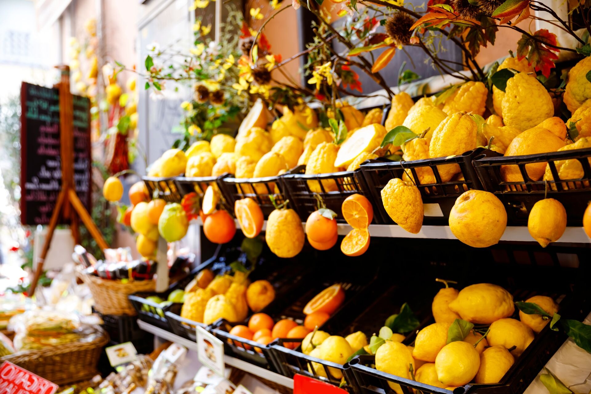 Traditional Italian lemons on farmer market in Taormina, Sicily, Italy