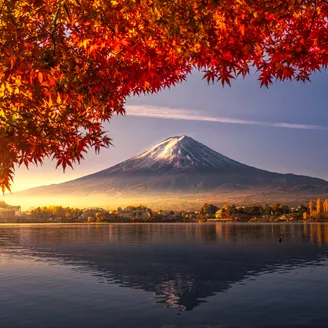 Colorful Autumn Season And Mountain Fuji With Morning Fog And Red Leaves At Lake Kawaguchiko Is One Of The Best Places In Japan 891848740