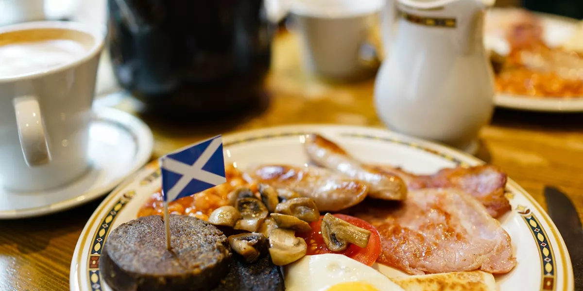 Close up image of a full Scottish breakfast