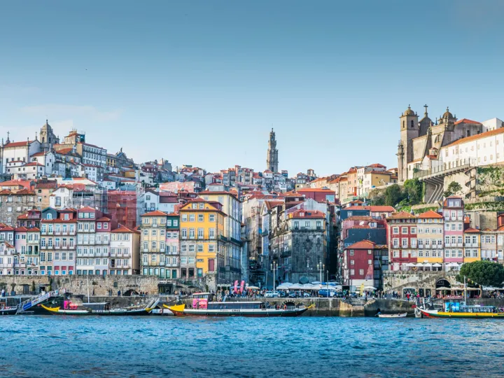 Port Wine Ship At River Douro With Porto City