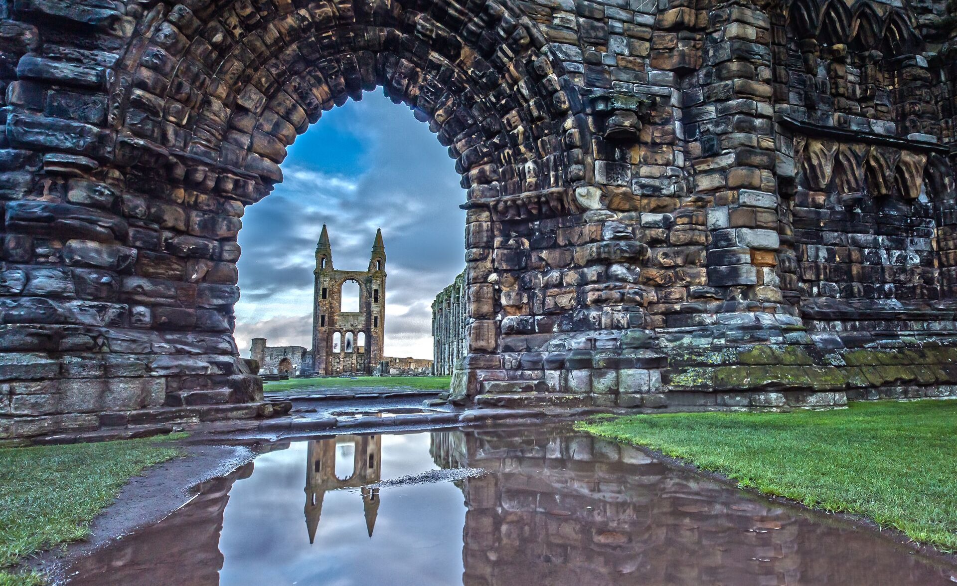 Reflection In The Water Of The St Andrews Cathedral In St Andrews Scotland
