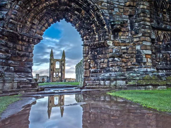 Reflection In The Water Of The St Andrews Cathedral In St Andrews Scotland