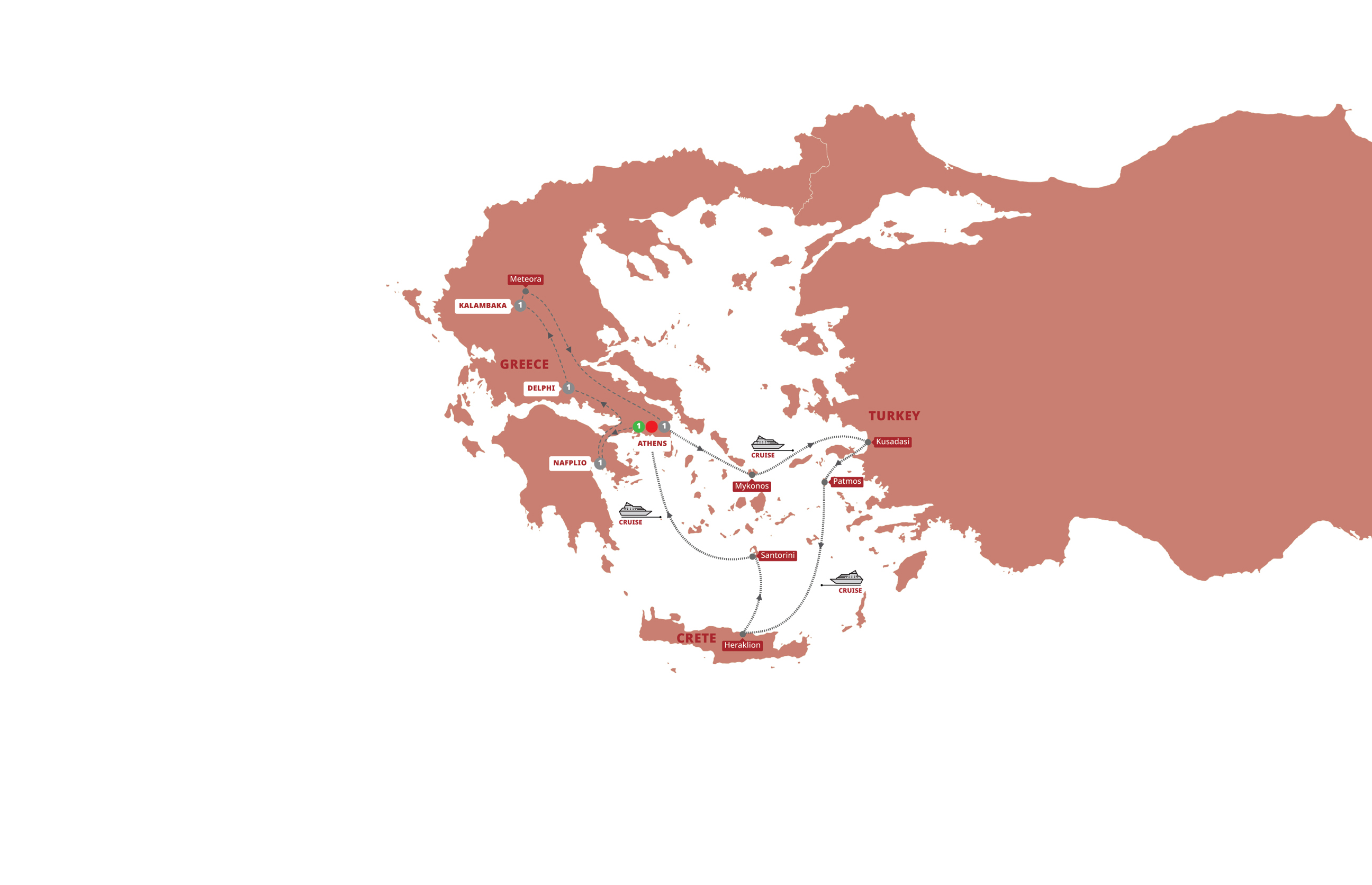 Greek Spotlight with Cruise-Small Group Guided Tour Map 2027 YHIC