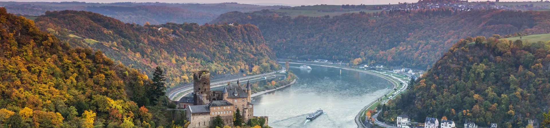 Burg Katz Castle in Germany with the Rhine in the background in autumn