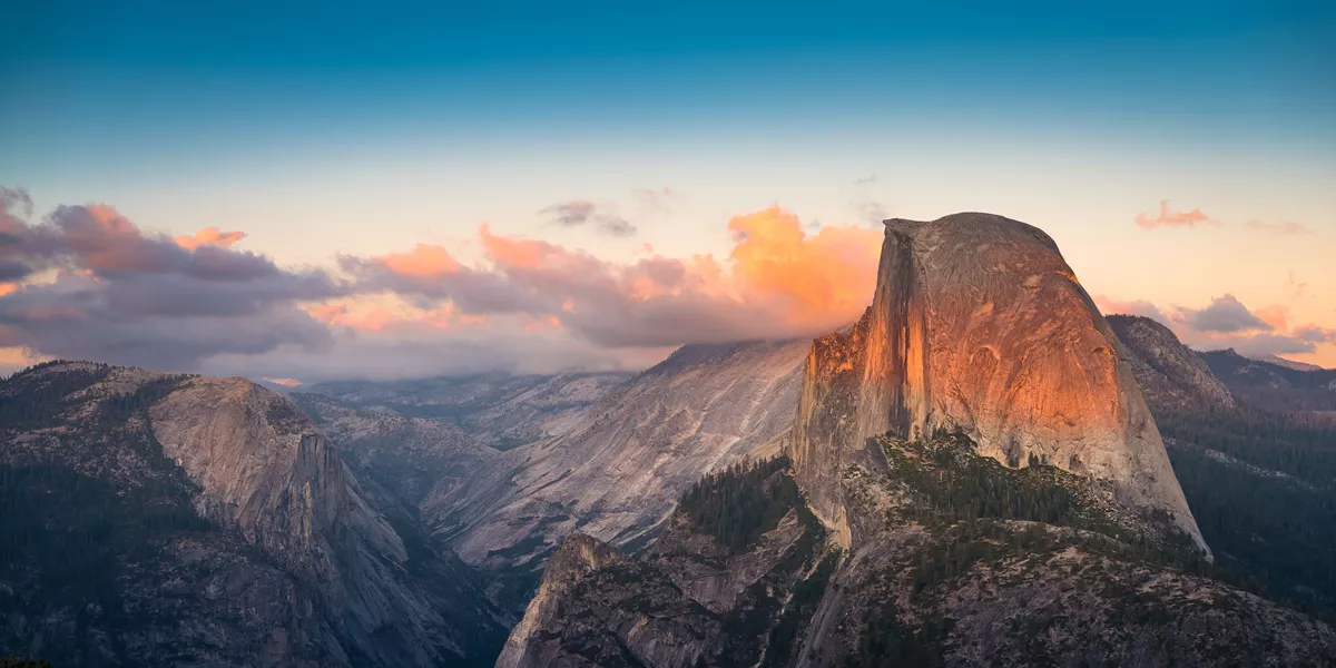 View of a dramatic mountaintop at sunset