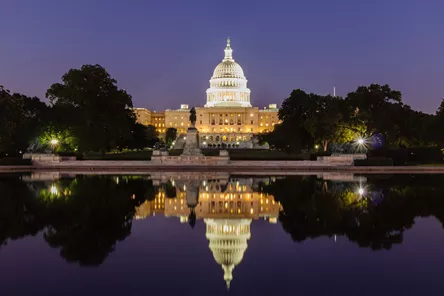 The United States Capitol Building at night in Washington DC, United States