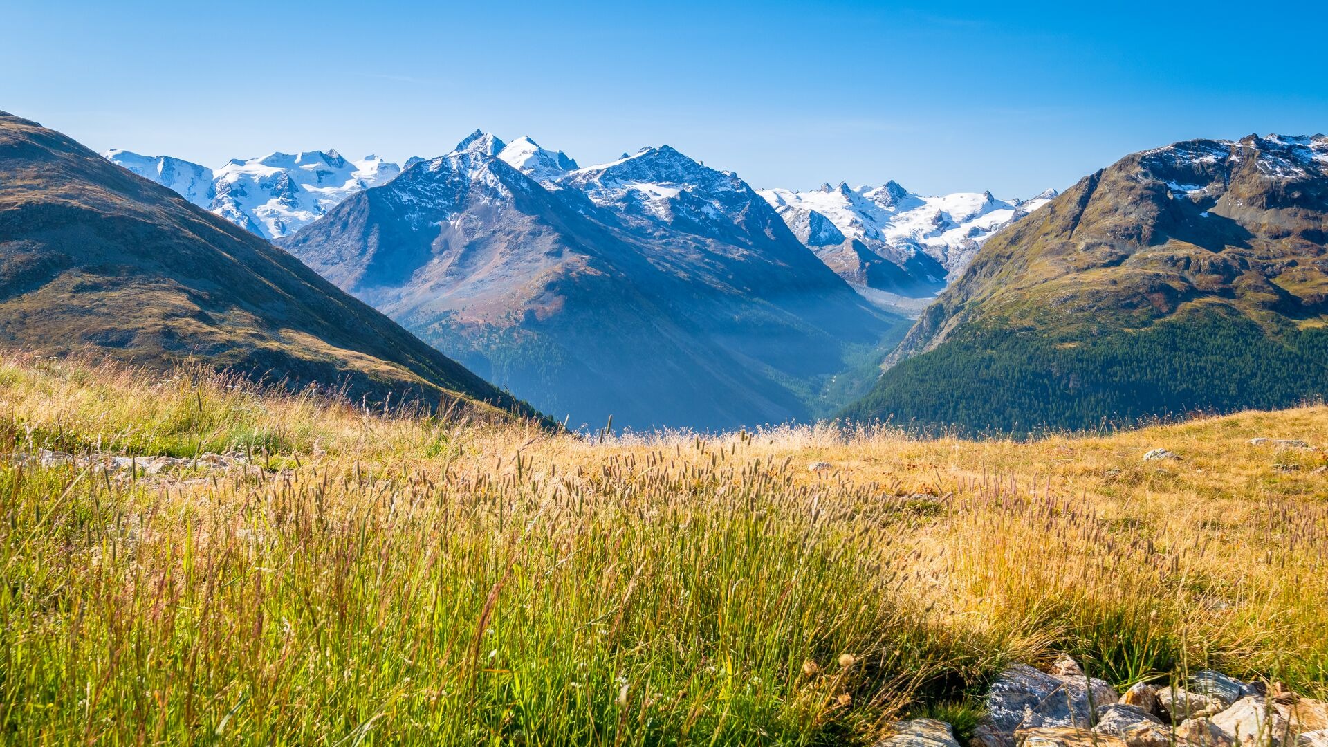 Panoramic View From Muottas Muragl Of Val Roseg Graubu Nden Switzerland