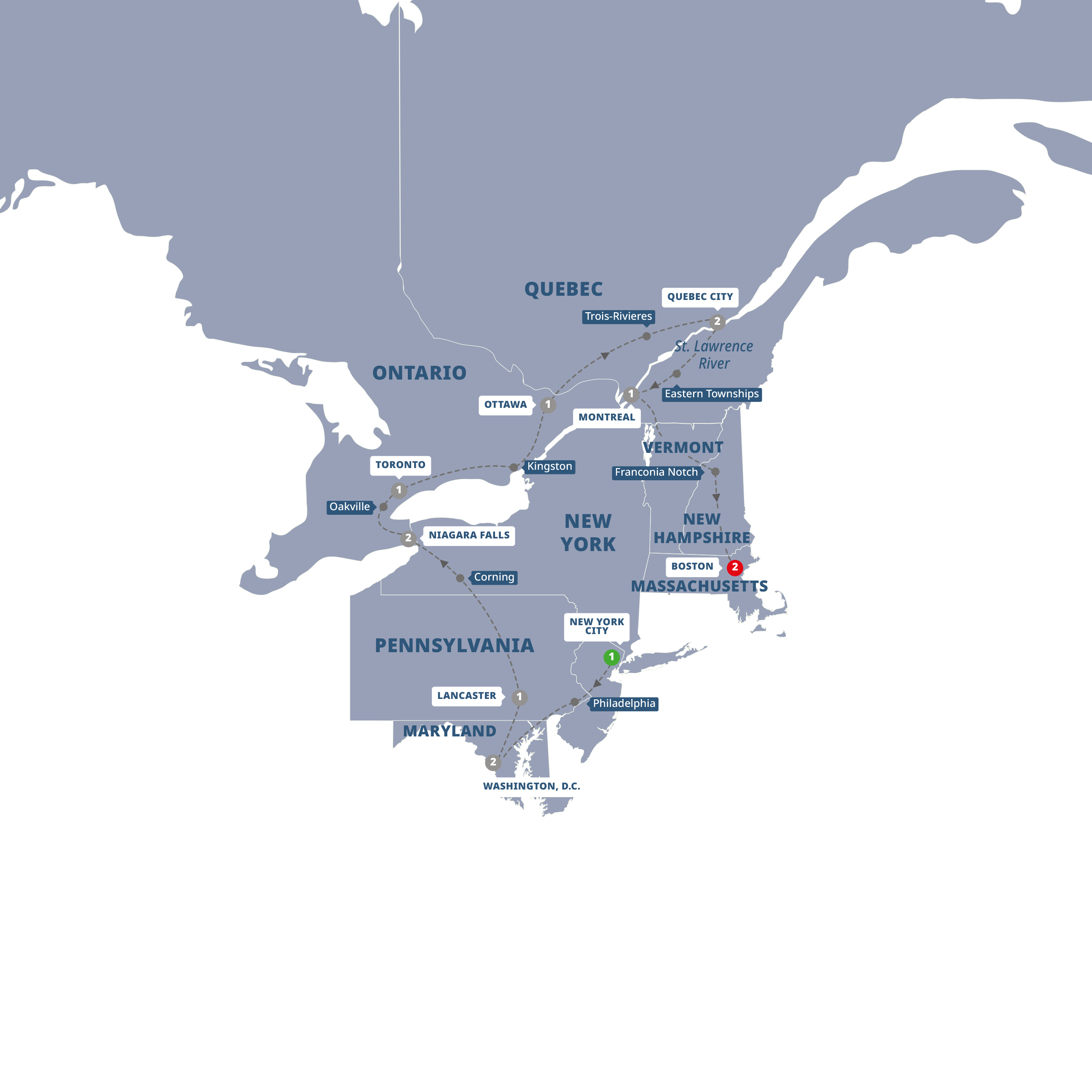 East Coast USA Canada New York Boston Guided Tour Map 2024