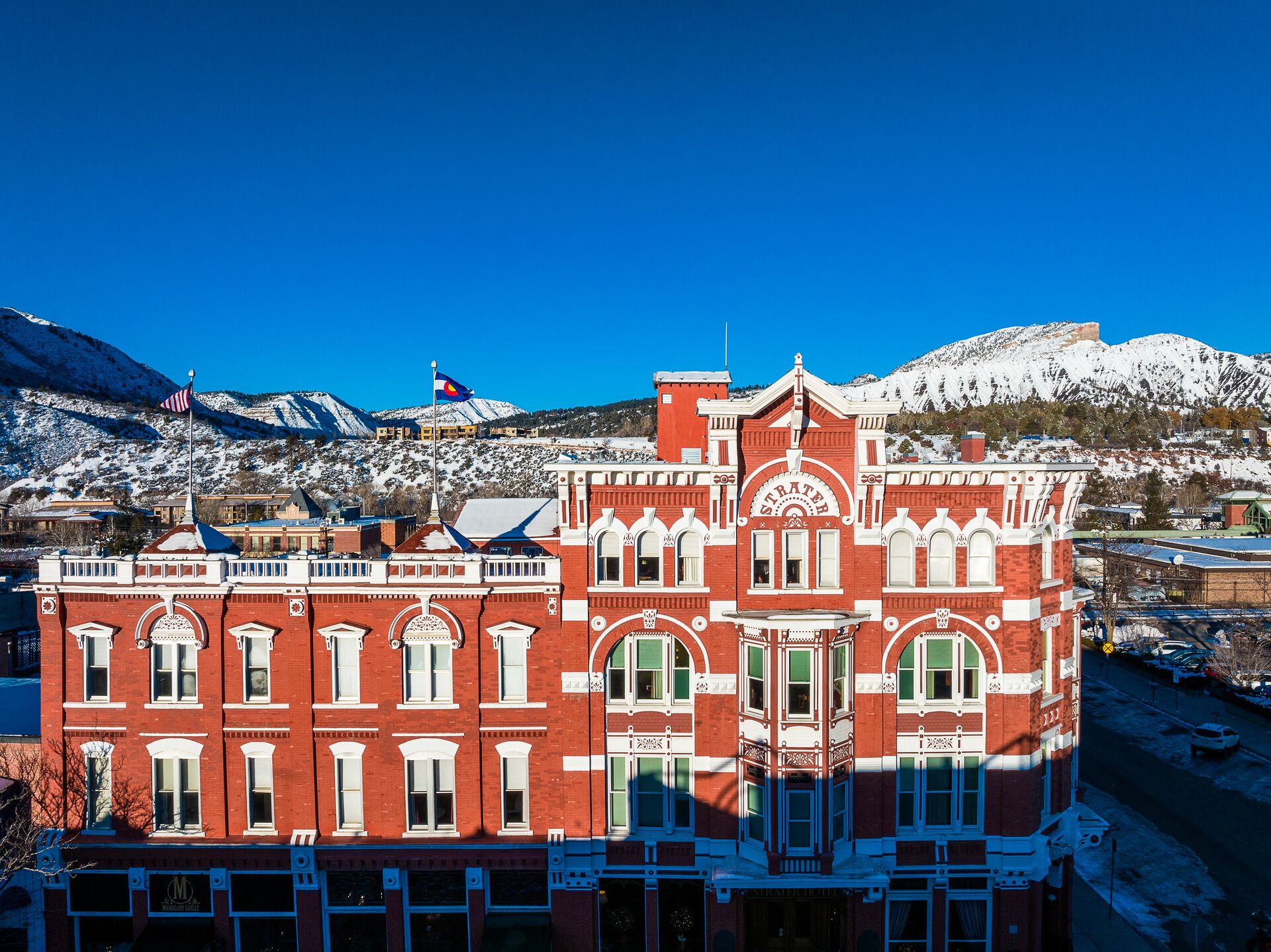 The Strater Hotel at winter surrounded with mountains in Durango, Colorado, USA