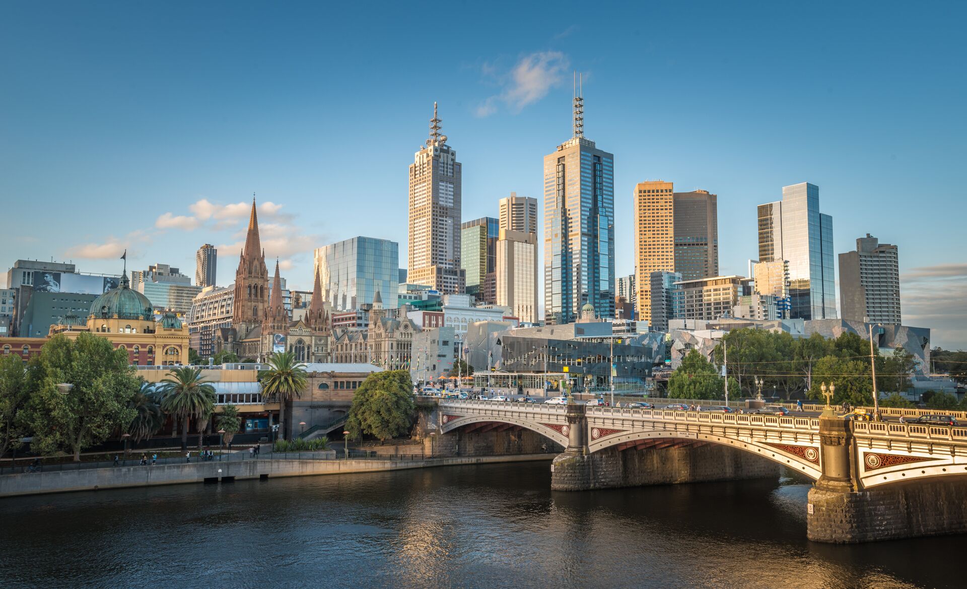 Skyline view of high rises, old building and bridge in Melbourne, Australia
