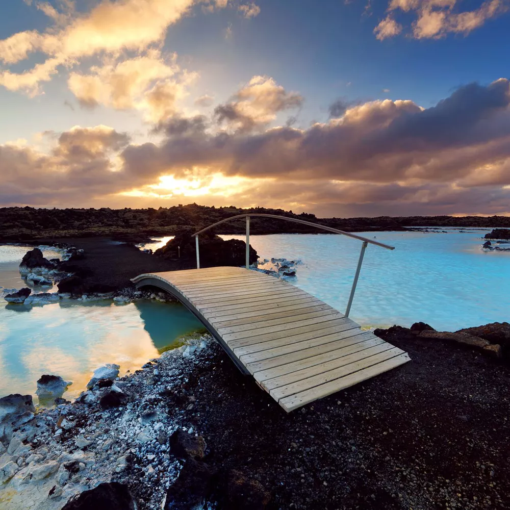Large Blue Lagoon Footbridge At Sunset, Iceland
