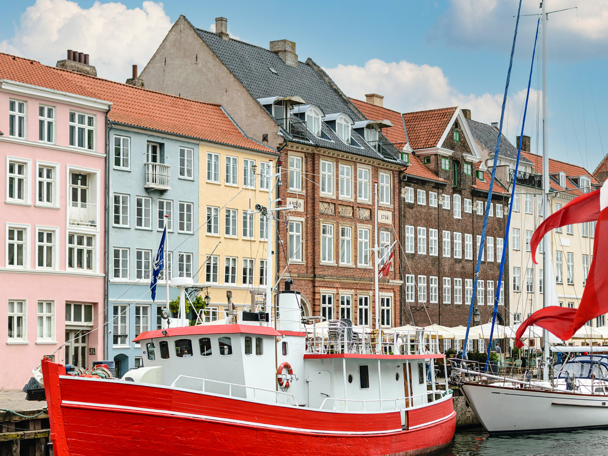 Nyhavn waterfront and canal in Copenhagen, Denmark