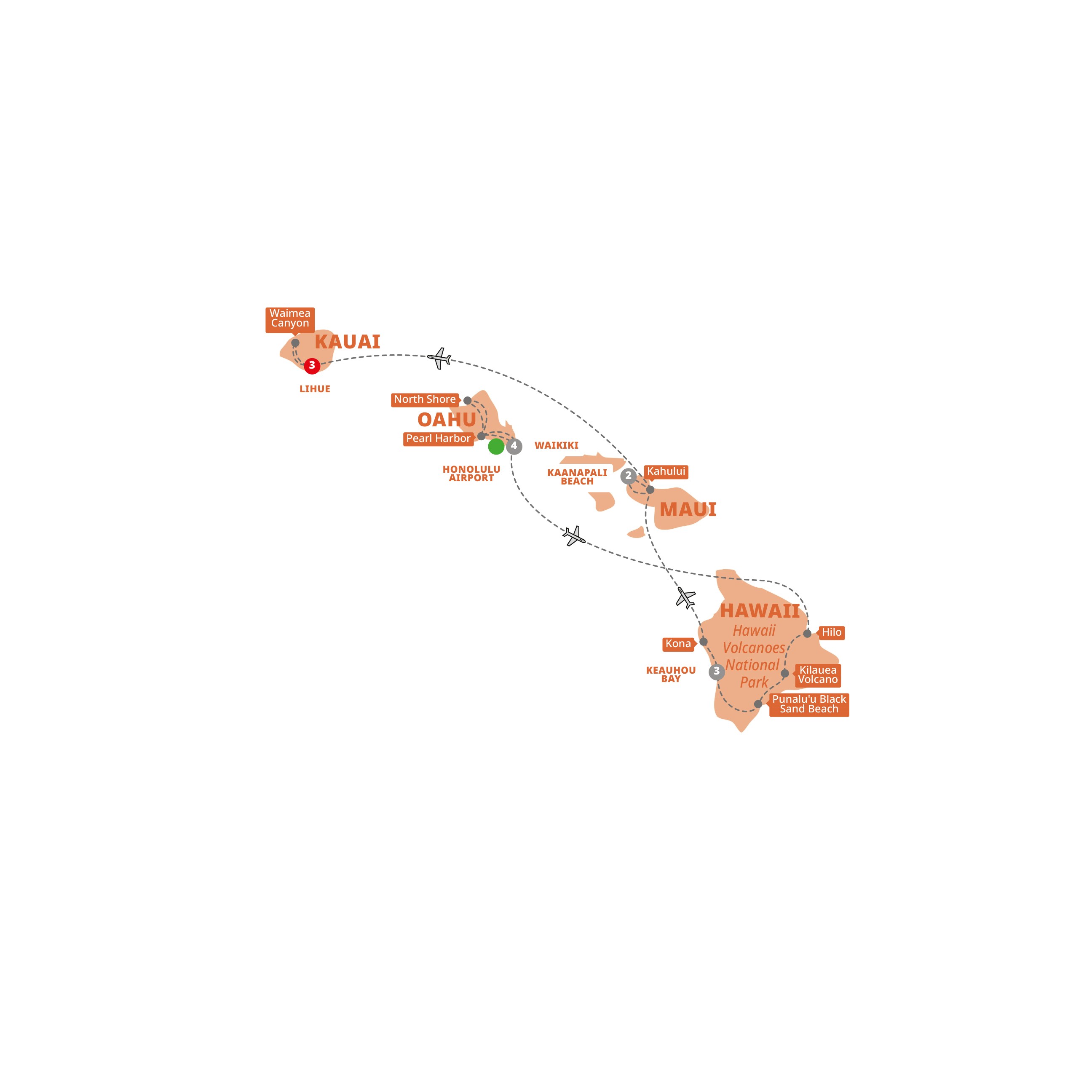 A map highlighting different stops on the Trafalgar's Hawaii Four Island Adventure tour