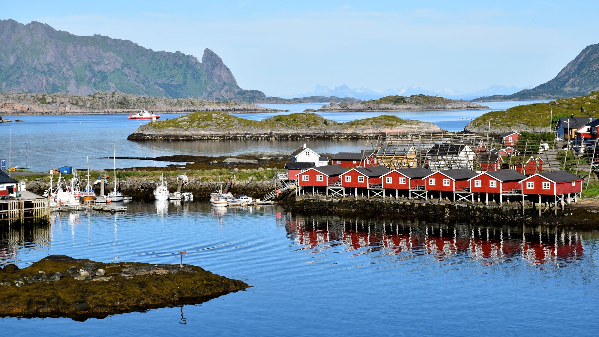 Red huts on the water in Lofoten, Norway