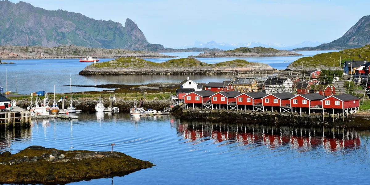 Red huts on the water in Lofoten, Norway