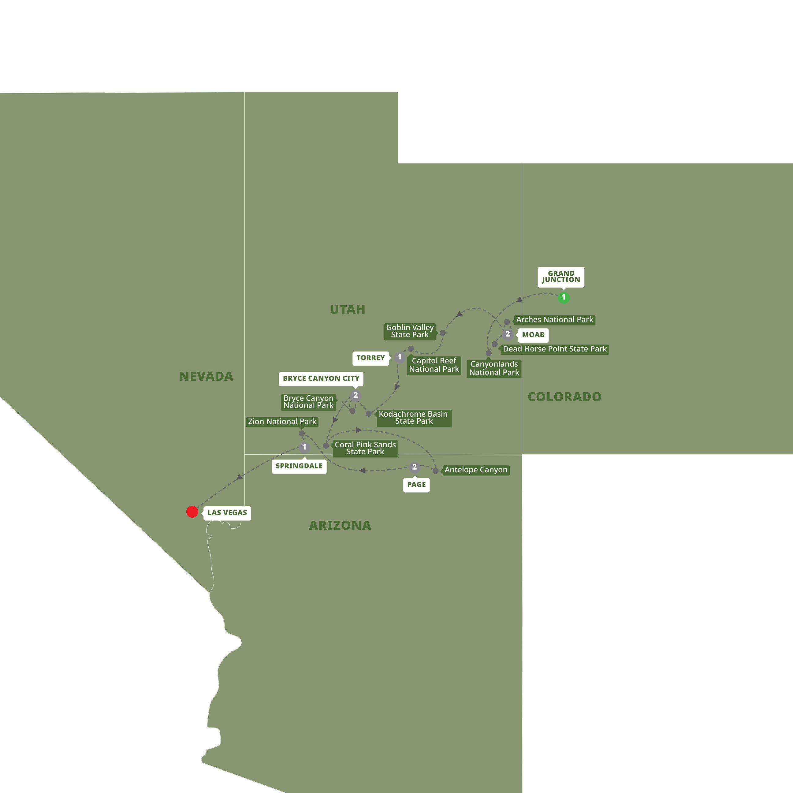 A map highlighting different stops on the Trafalgar's Utah's Mighty Five National Parks tour
