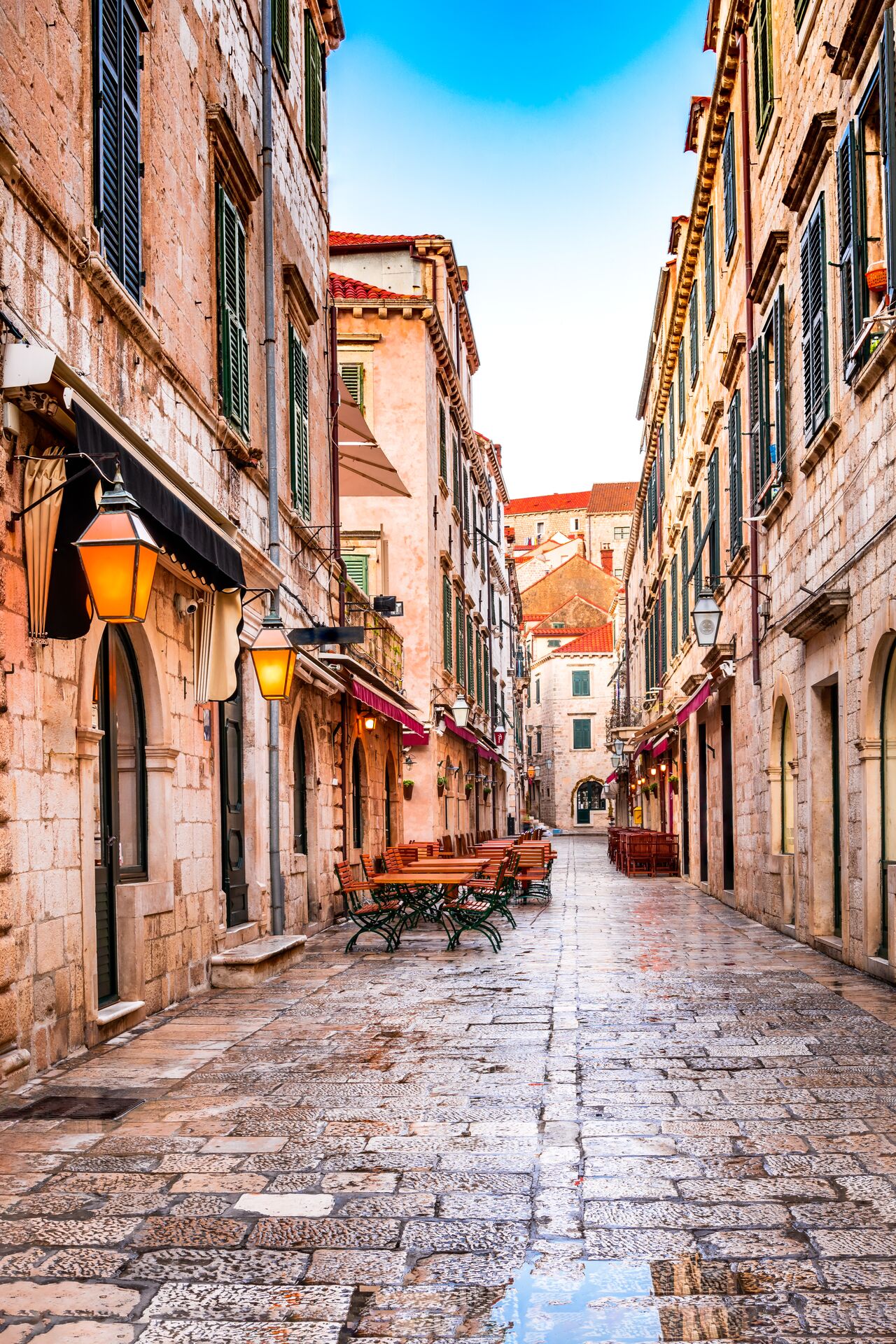 Quiet street in Dubrovnik's old town with a blue sky, Croatia