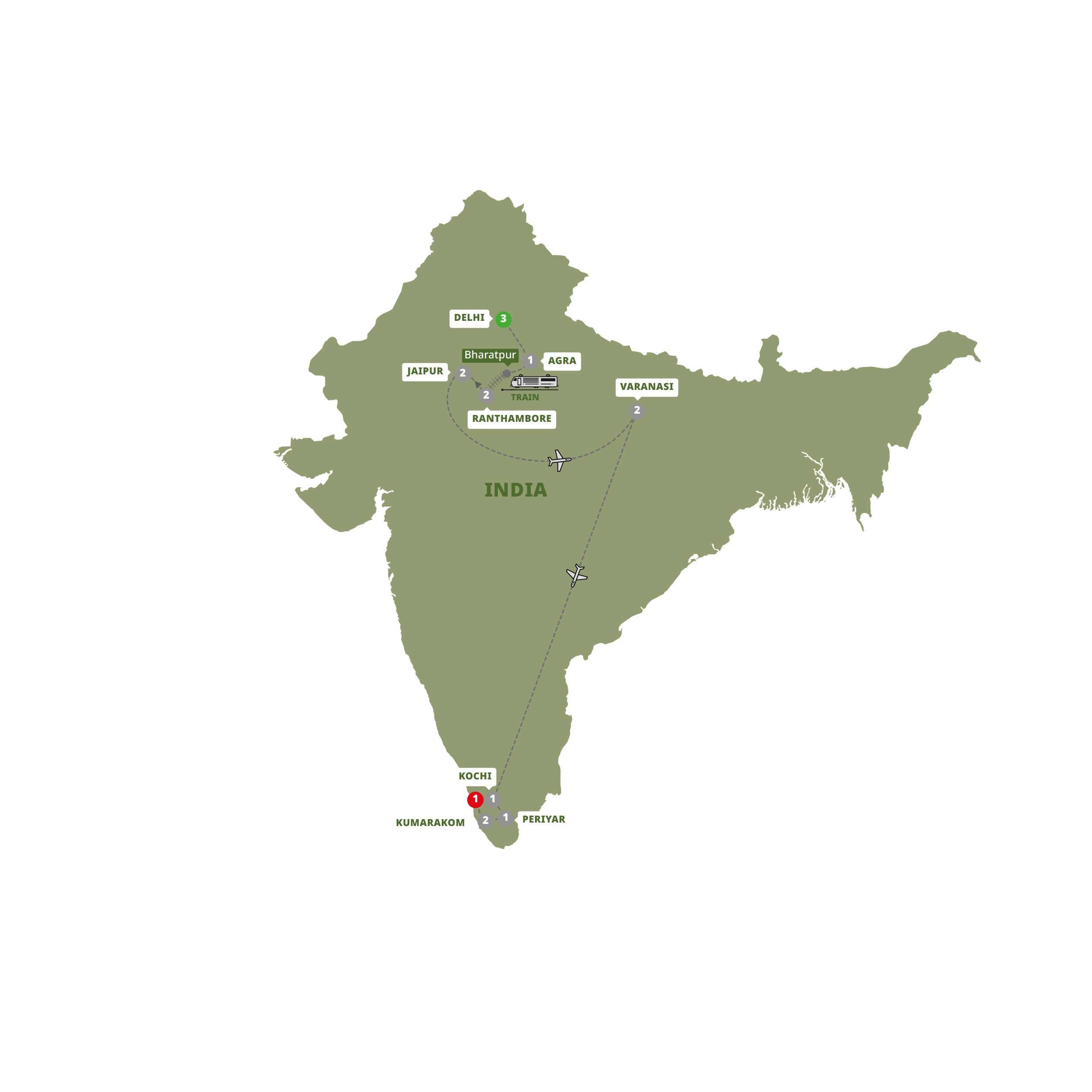 Best of India with Kerala Guided Tour Map 2025