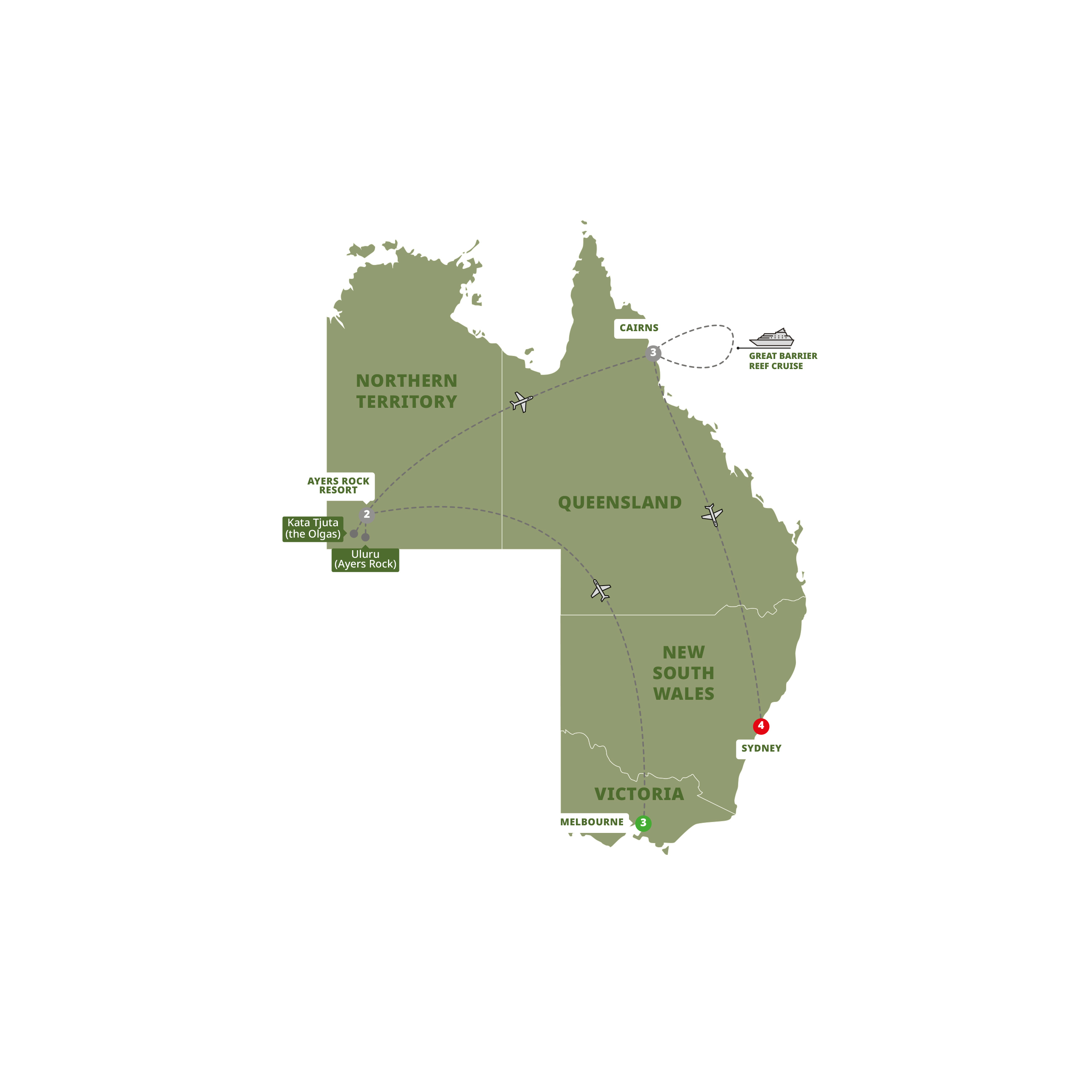 Australian Highlights Guided Tour Map 2025