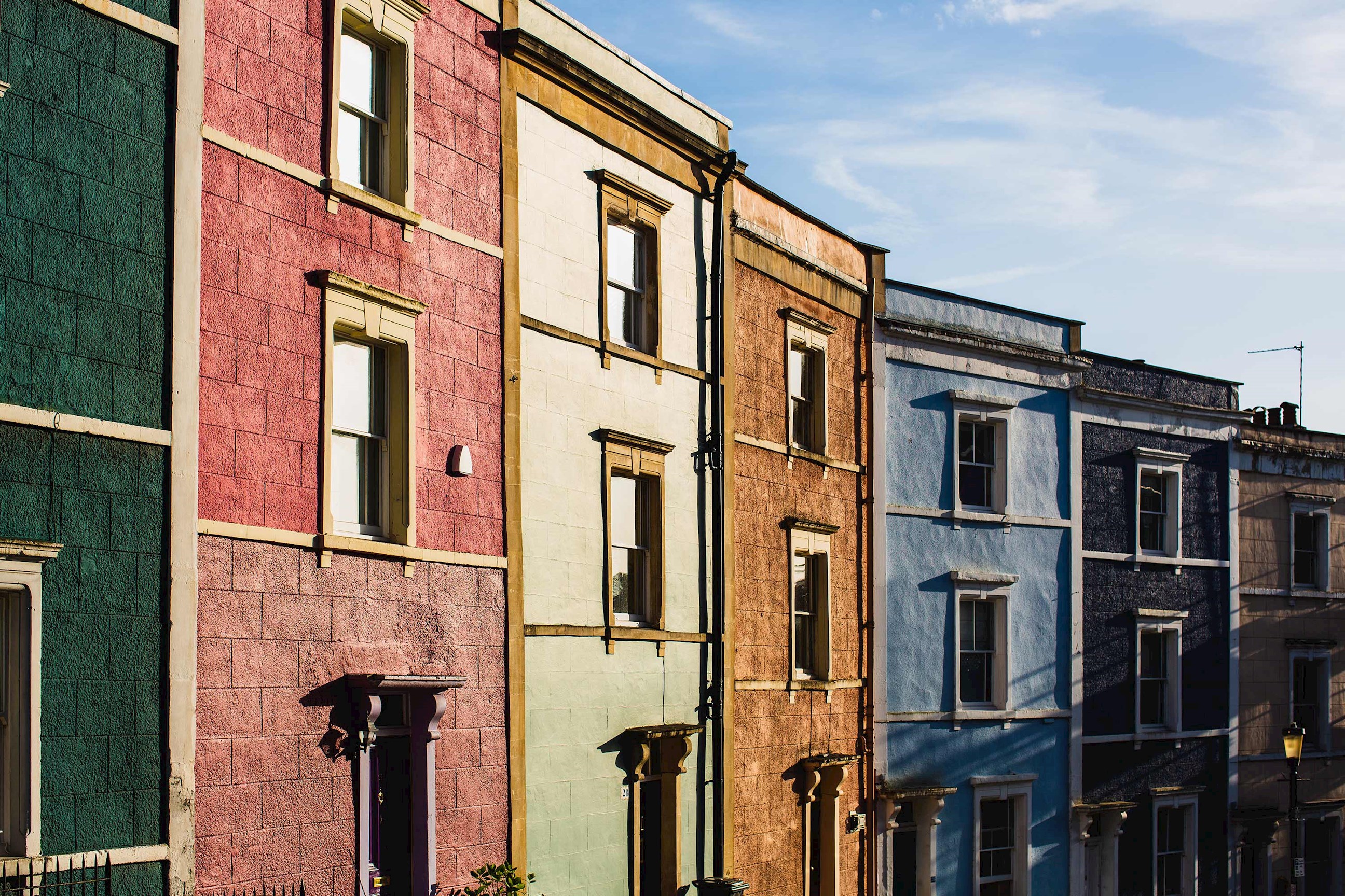 Colourful row of townhouse facades in Bristol, England