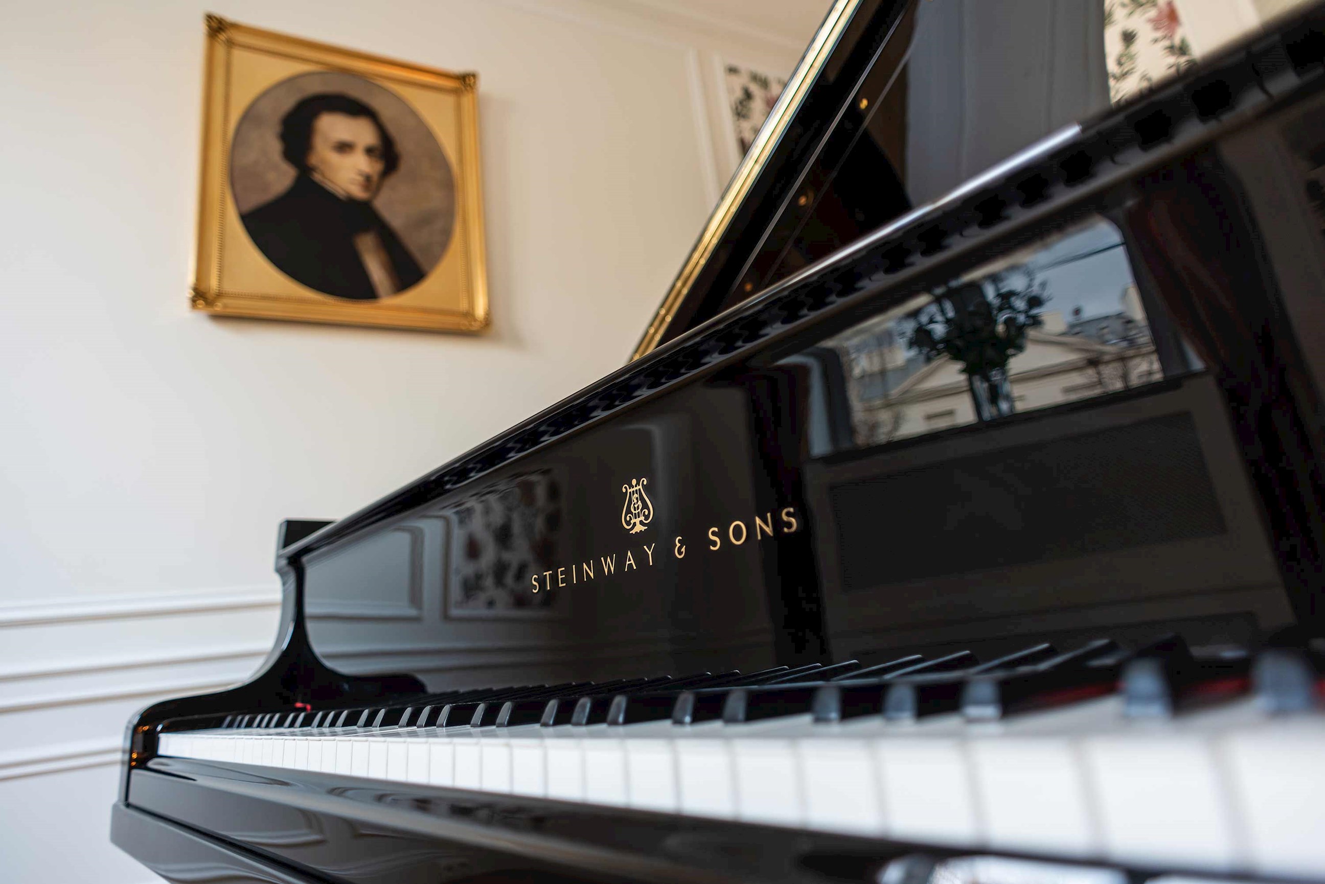 Close-up of black Steinway & Sons grand piano