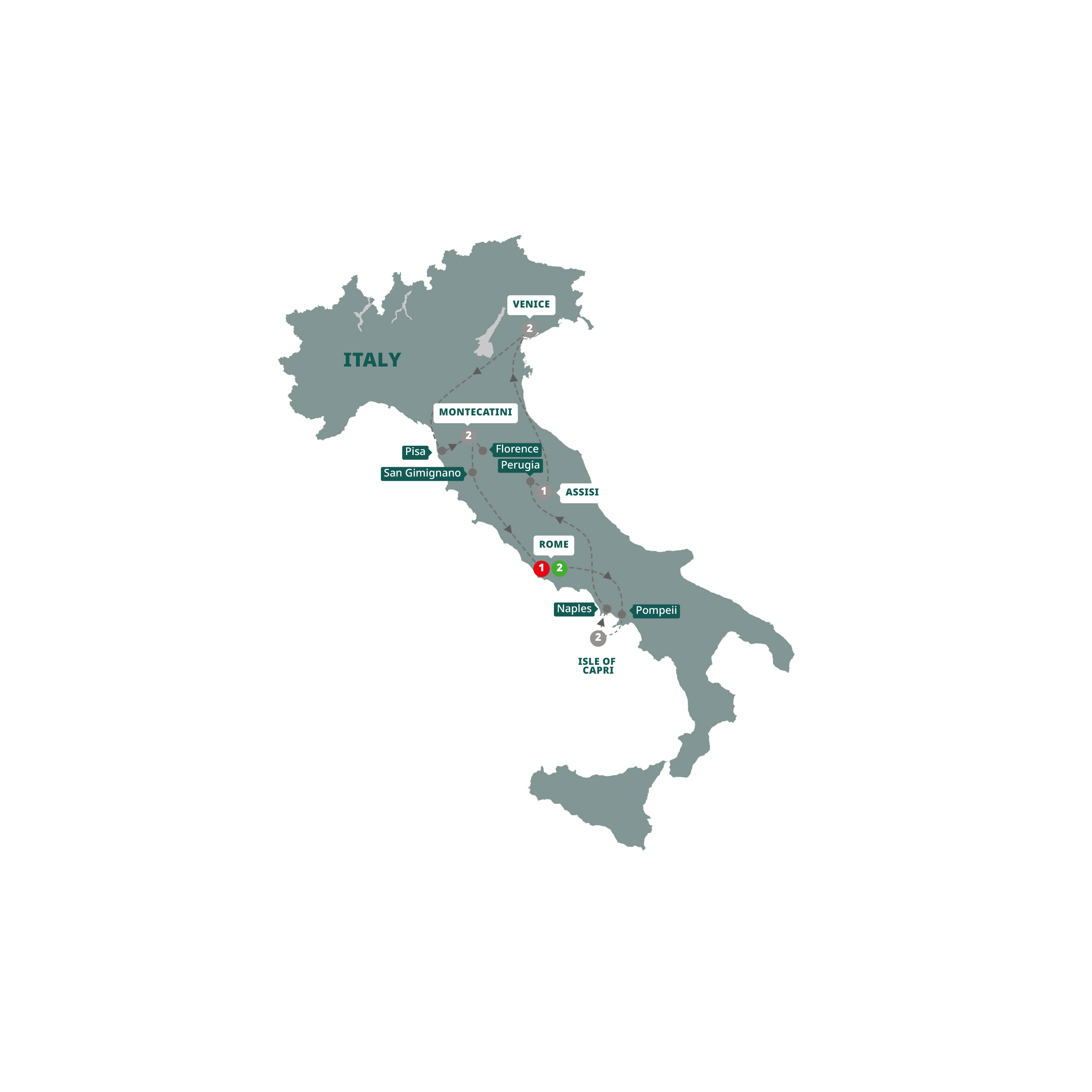A map highlighting different stops on the Trafalgar's Italy Bellissimo tour