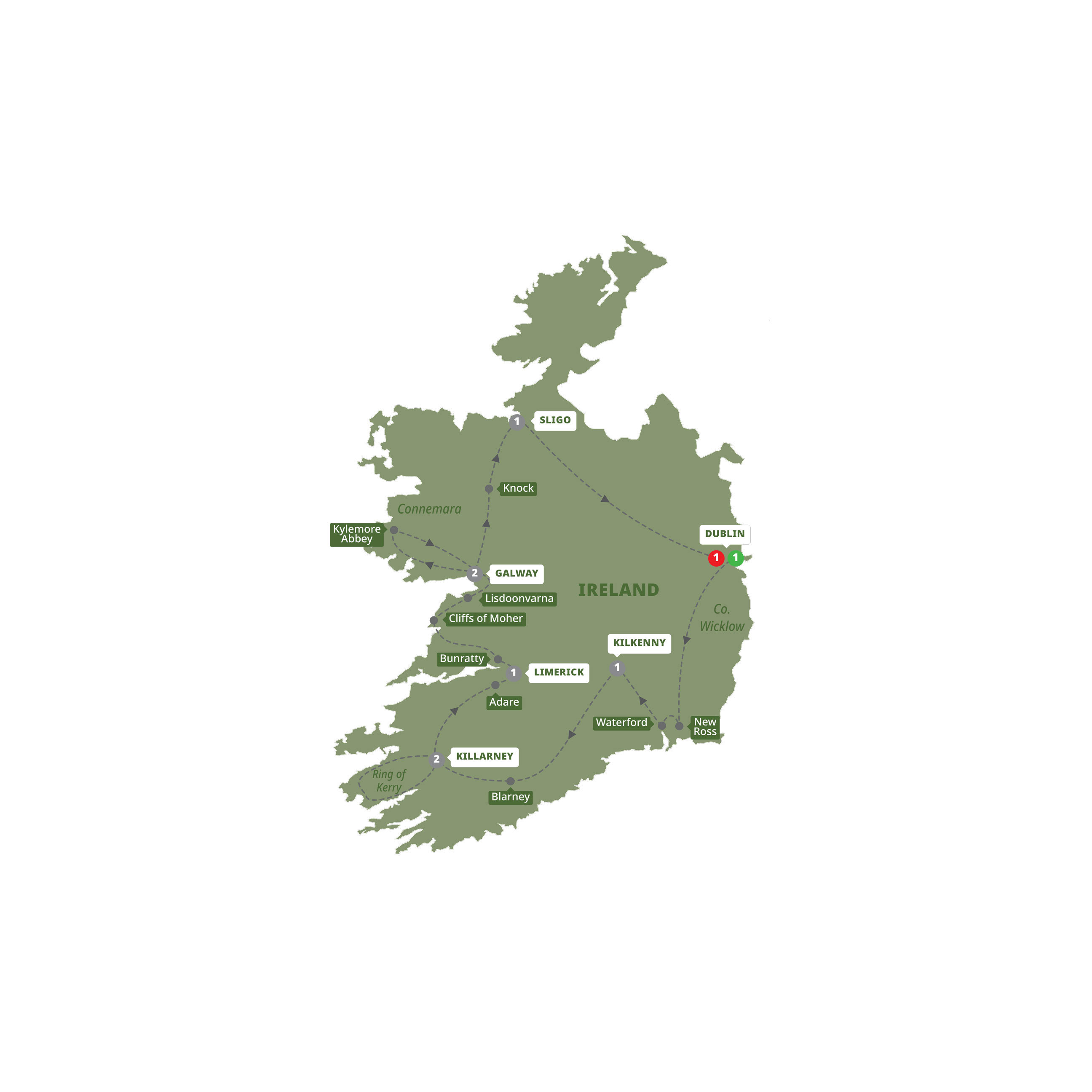 A map highlighting different stops on the Trafalgar Best of Ireland tour