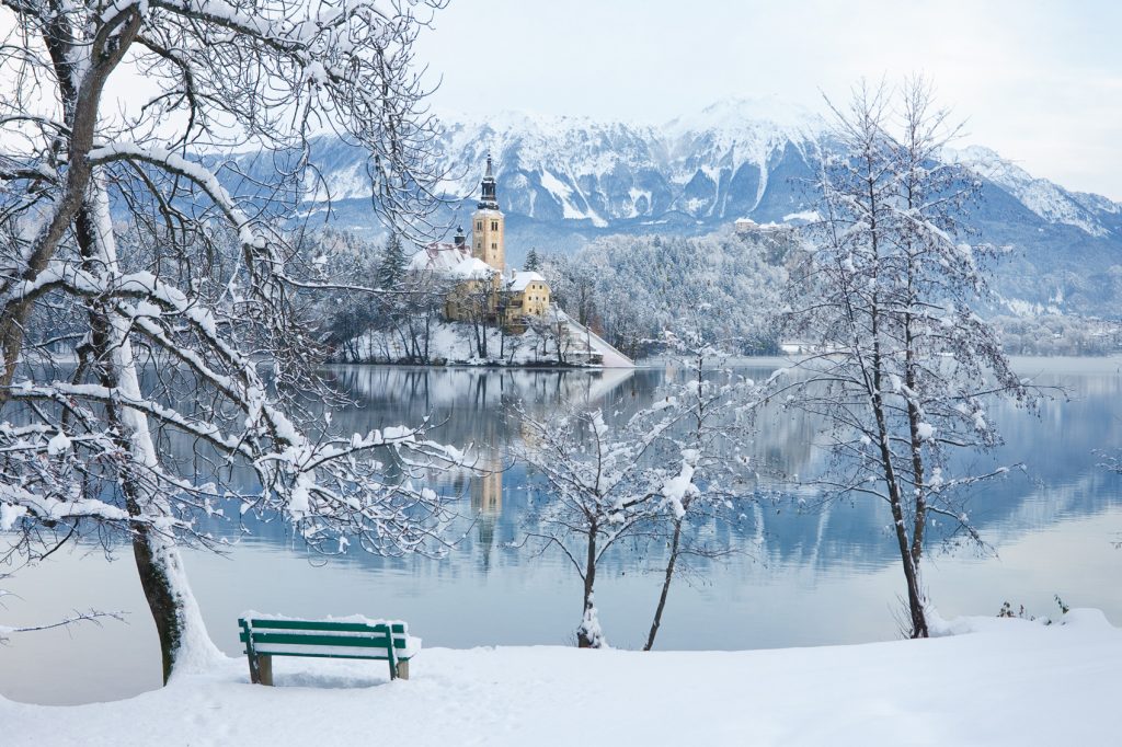 A snowy scene in Ljubljana, Slovenia