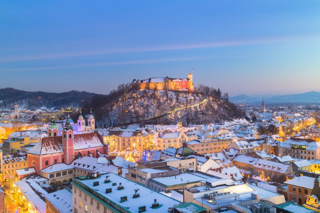 Slovenia's twinkling lights at dusk