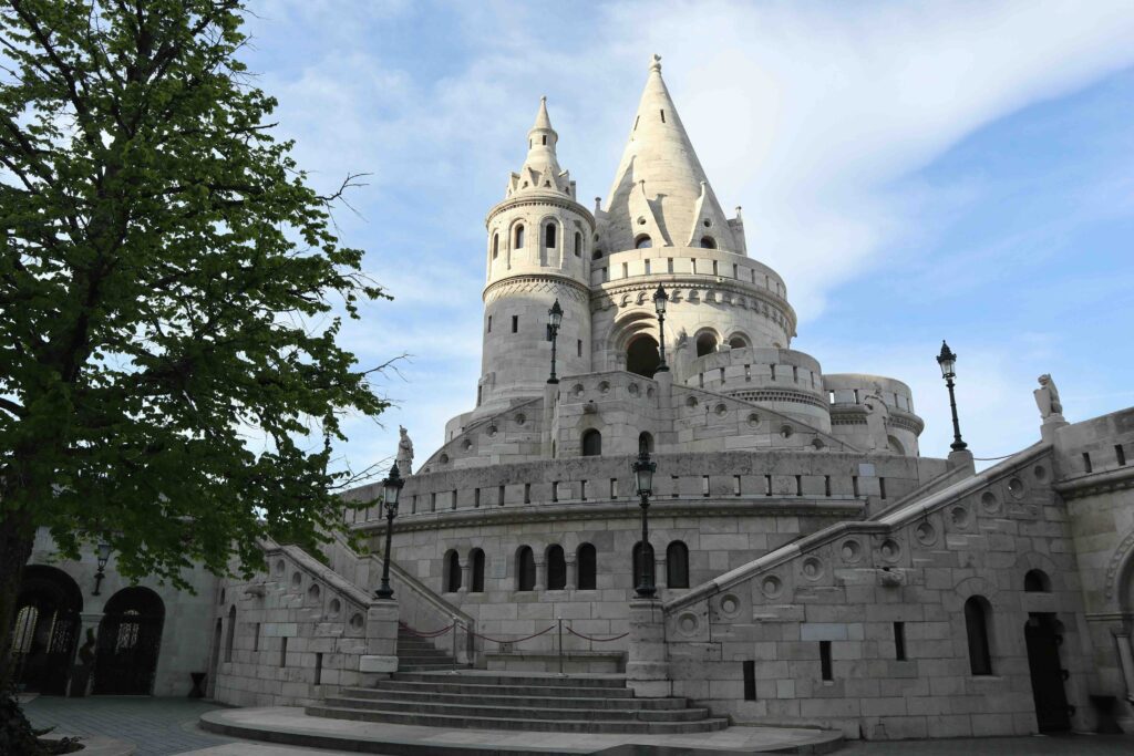 Fisherman’s Bastion in Budapest, Hungary, with its white stone towers and turrets overlooking the Danube River under a clear sky
