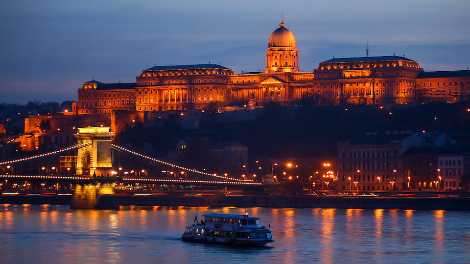 boat on the river at sunset, budapest