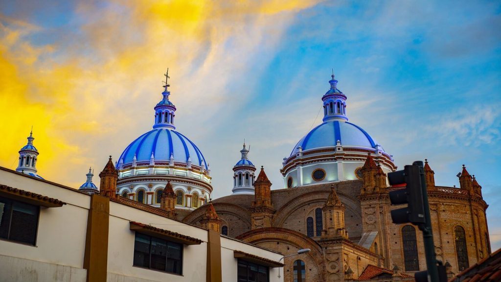 blue cathedral spires Cuenca Ecuador