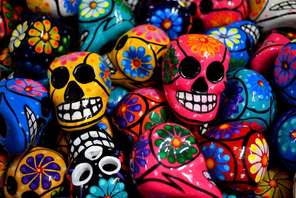 day of the dead colourful skulls