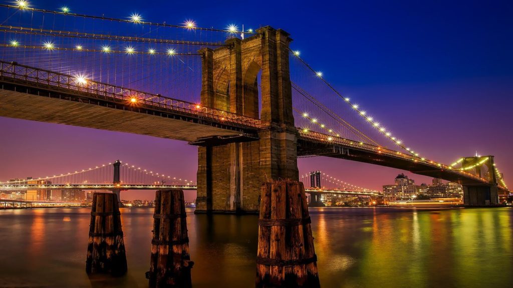 Brooklyn Bridge illuminated at night New York