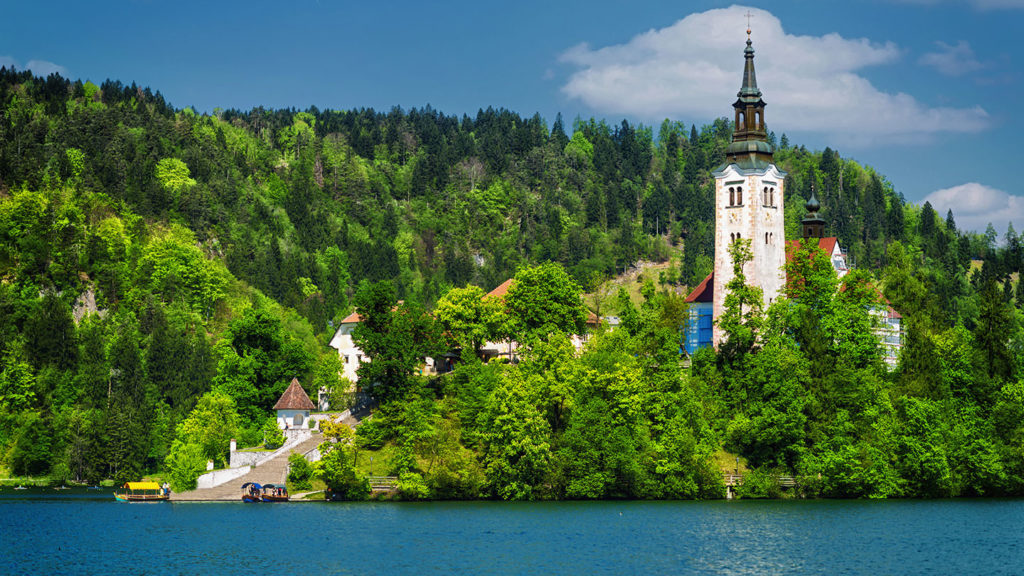 A church and a castle in the middle of the Lake