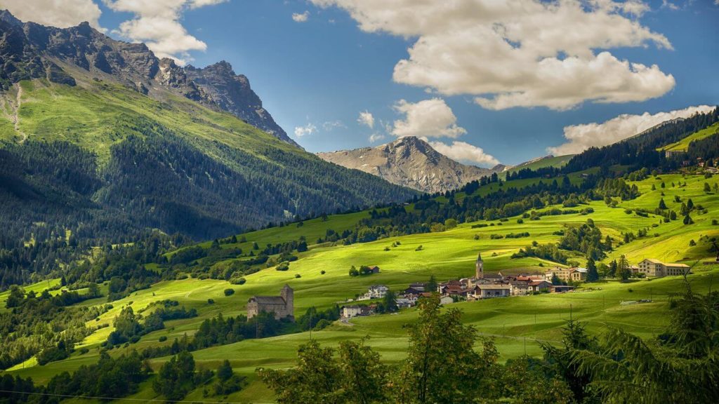 green hills mountain village Switzerland