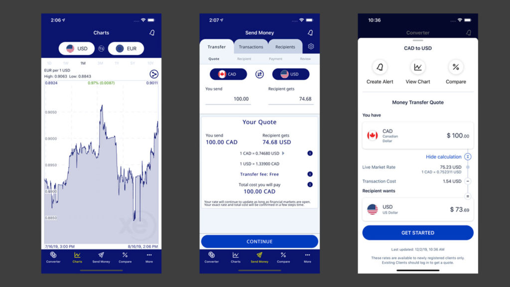 Screenshots of Xe Currency app