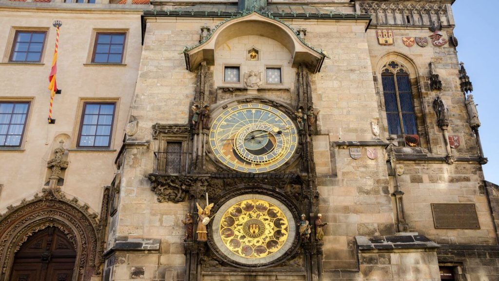 Close-up of the astronomical clock tower in the old town square of prague