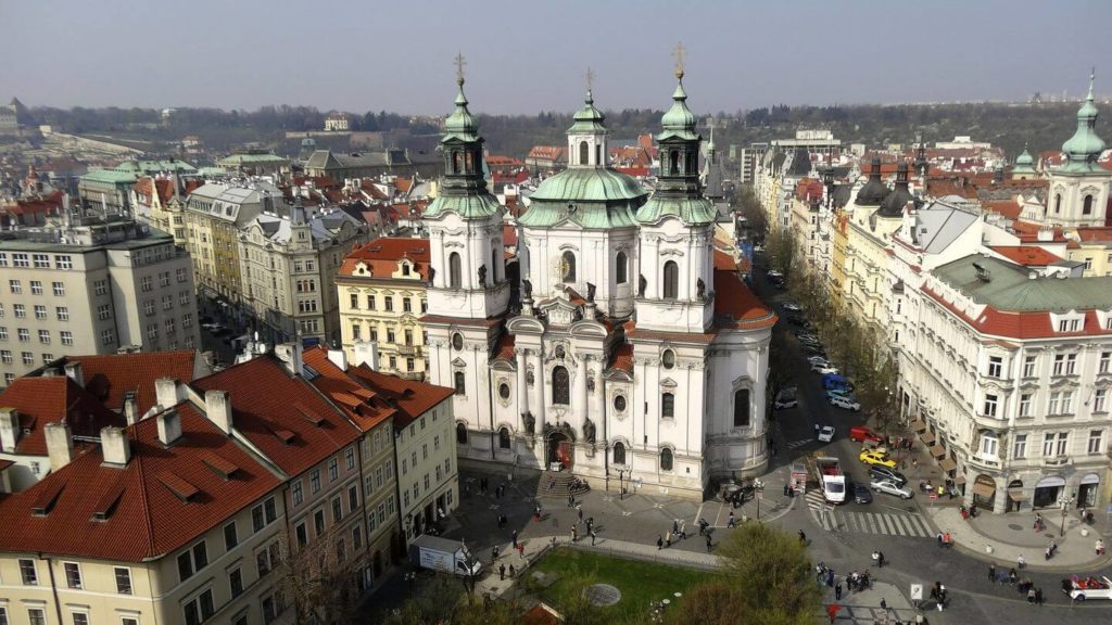 Aerial view of St. Nicholas Church, looking over the Mala Strana district of Prague