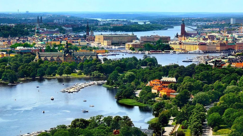 aerial view over Stockholm palace water forests Sweden