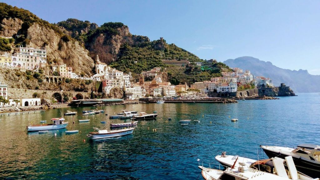 boats and cliffside homes Amalfi Coast Italy