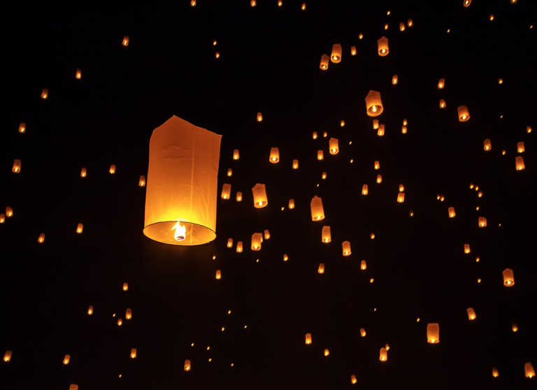 Globos or paper lanterns lighting up the night sky