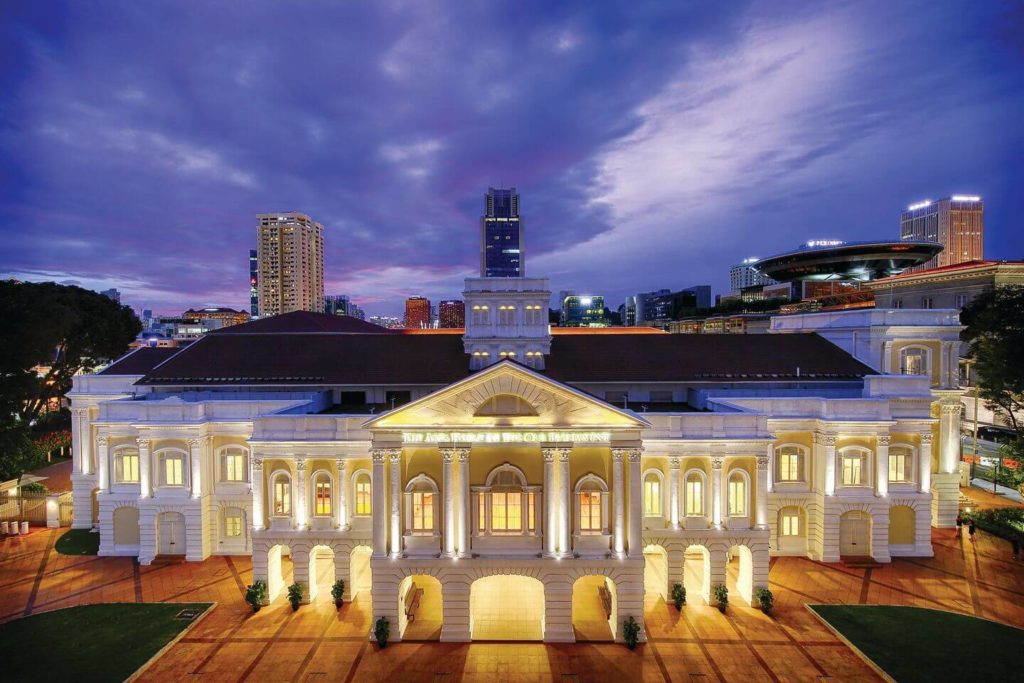 The Arts House illuminated at night in Singapore