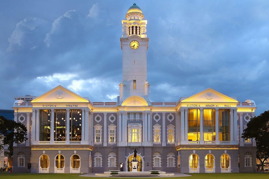 Victoria Theatre and Concert Hall illuminated at night Singapore