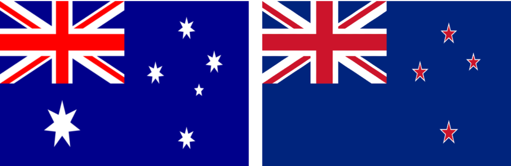 Australian flag (left) and New Zealand flag (right)