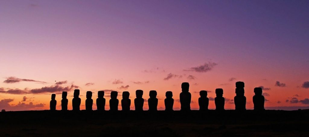 Easter Island moai statues lined up against the sunset Easter Island facts